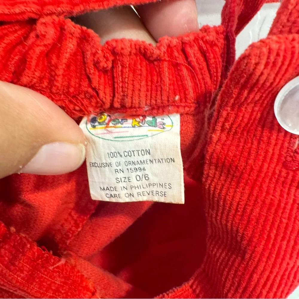 Vintage Colorkids Overalls 0-6 Months Red Corduroy Cotton Embroidered Flower